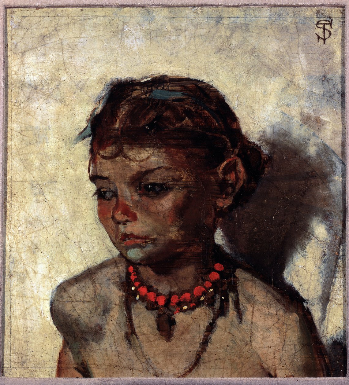 Menina com colar de coral - óleo sobre tela de Telemaco Signorini