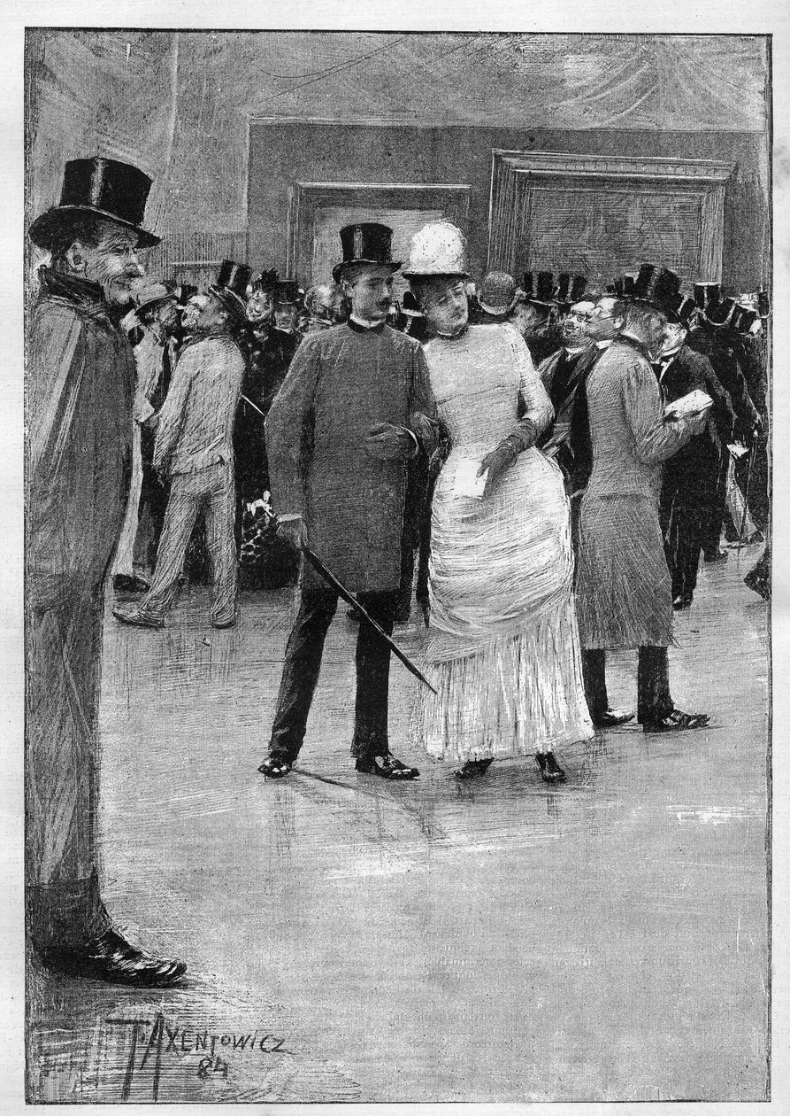 Visitantes da exposição de desenhos da Ecole Moderne na Ecole des Beaux Arts em Paris. Desenho do Sr. Axentowicz. Gravura no "Le Monde Illustré". de Teodor Axentowicz