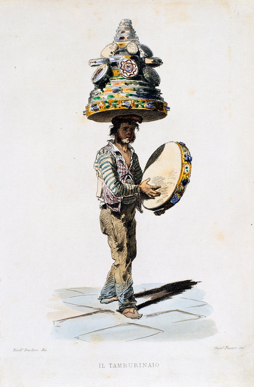 O tamborim homem, gravura de Giovanni Fusaro (1803-1894) de um desenho de Teodoro Duclere (1816-1867). Itália de Teodoro Duclere
