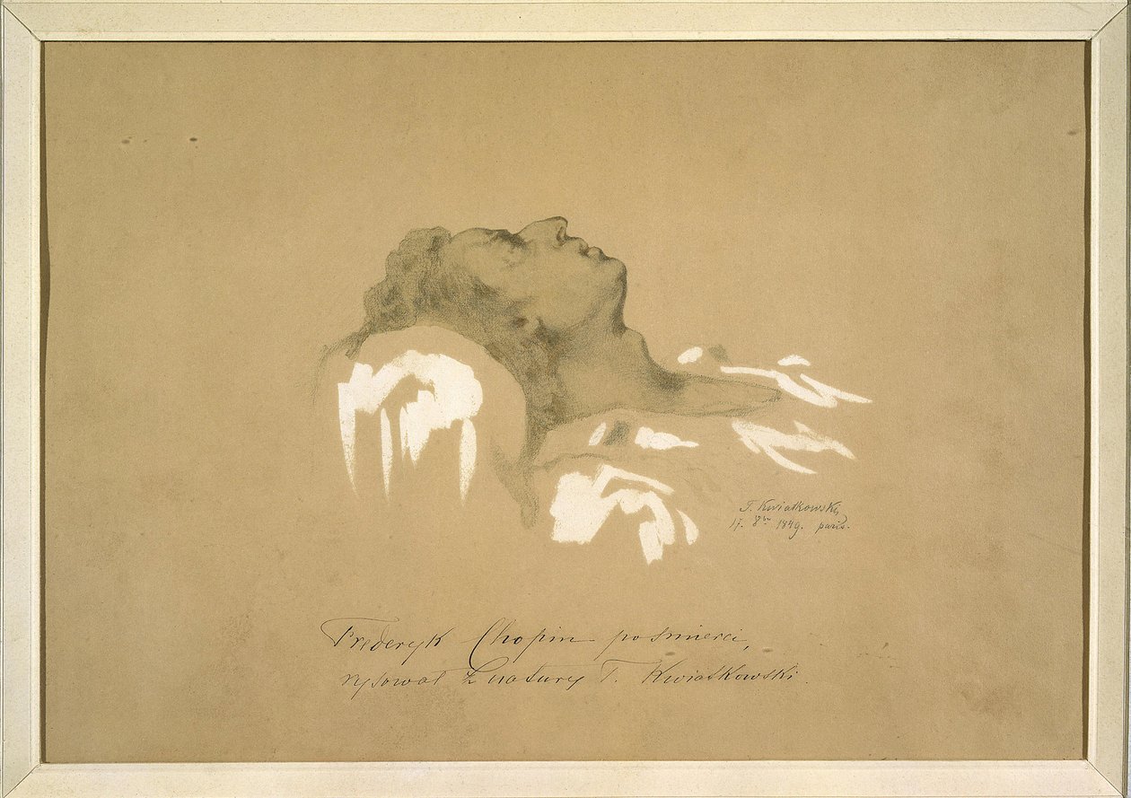Frederic Chopin (1810-1849) no seu leito de morte por Kwiatkowski, Teofil (1809-1891). Tinta, guache, grafite sobre papel de Teofil Kwiatkowski