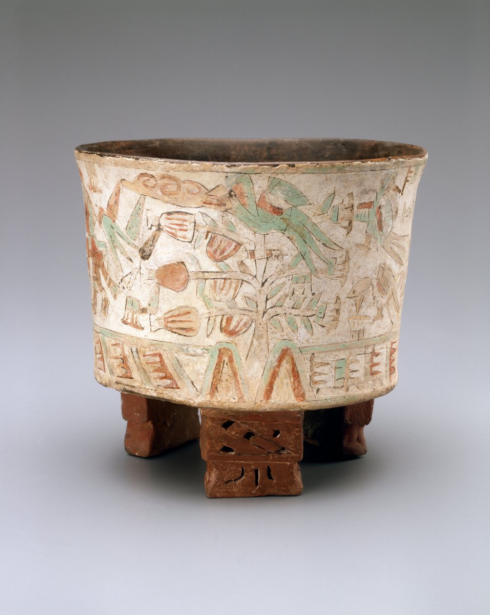 Vaso tripé com dois maçaricos e pássaros quetzal em árvores de cacau, Late Xolalpan, 550-650 (faiança com estuque pintado) de Teotihuacan Teotihuacan