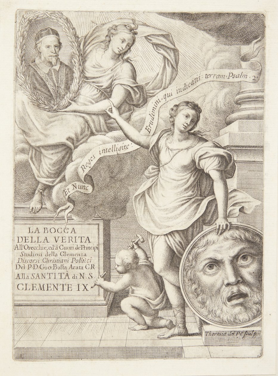 La Bocca della Verita. Título vinheta com retrato do Papa Clemente IX de Teresa del Pò