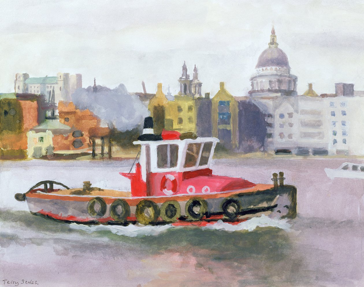 Red Tug passando por St. Paul&39;s, 1996 (wc e guache sobre papel) de Terry Scales