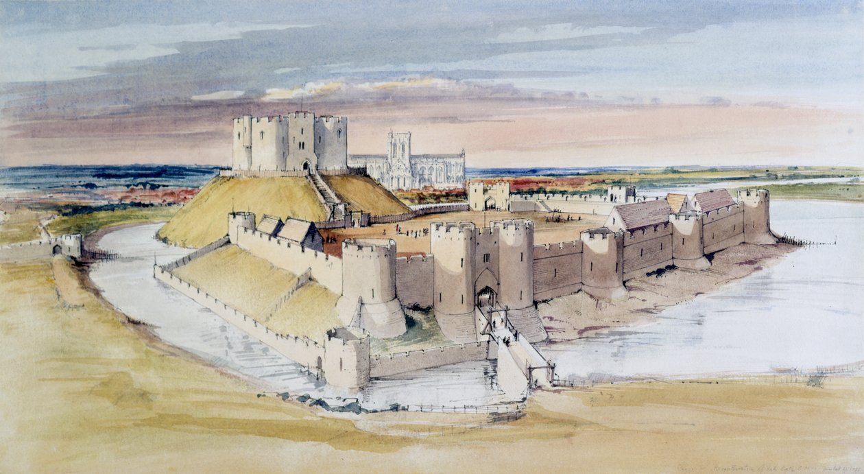 Ilustração do Castelo de York, North Yorkshire, como poderia ter sido no final do século 13, 1985 de Terry Ball