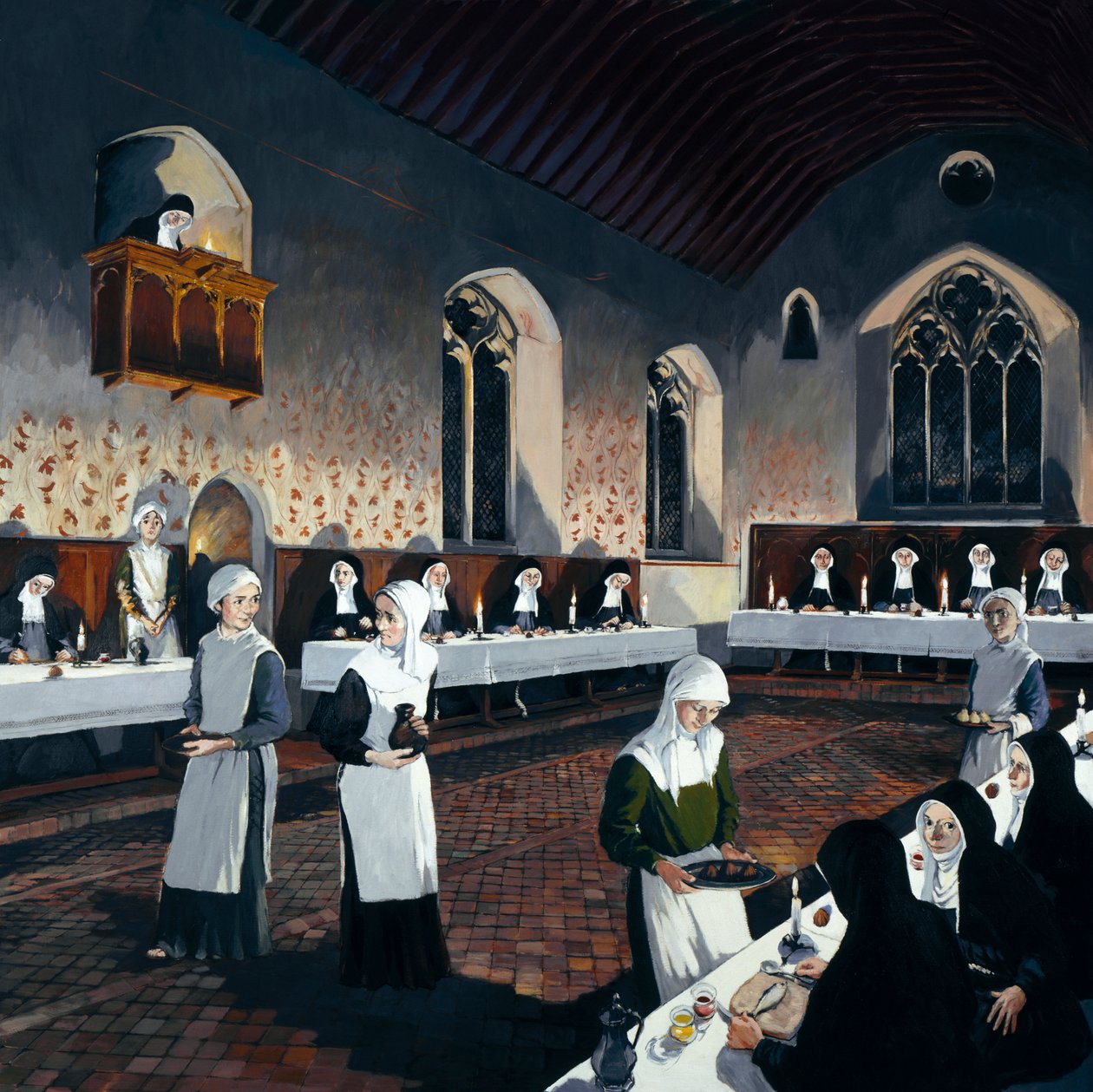Reconstrução do refeitório durante o século 15, Denny Abbey, Cambridgeshire, 1993 de Terry Ball