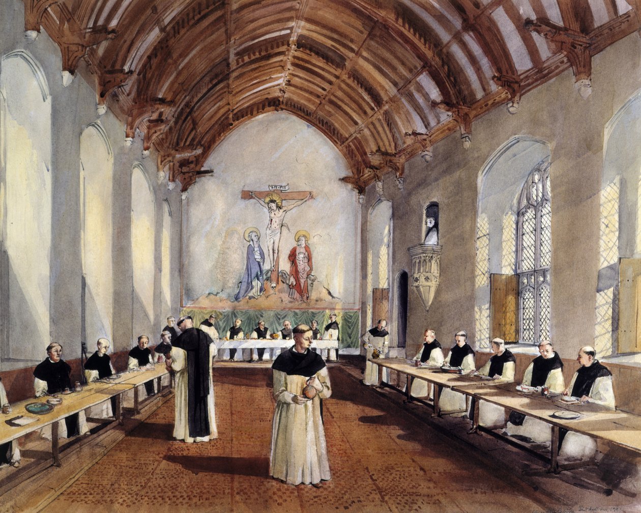 Desenho de reconstrução do refeitório do mosteiro cisterciense de Cleeve Abbey, 1991 de Terry Ball