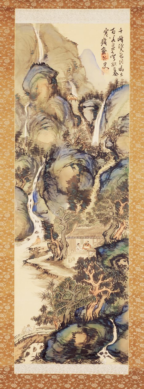 Paisagem em azul e verde, início dos anos 1910 (rolo suspenso: tinta e cor sobre seda) de Tessai Tomioka
