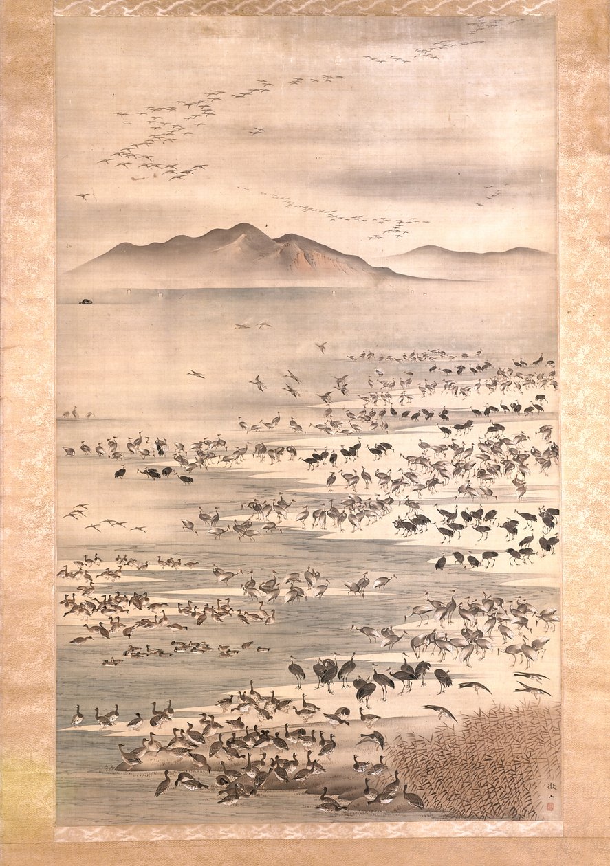 Miríade de Aves Aquáticas (tinta e cor sobre seda) de Tetsuzan Mori