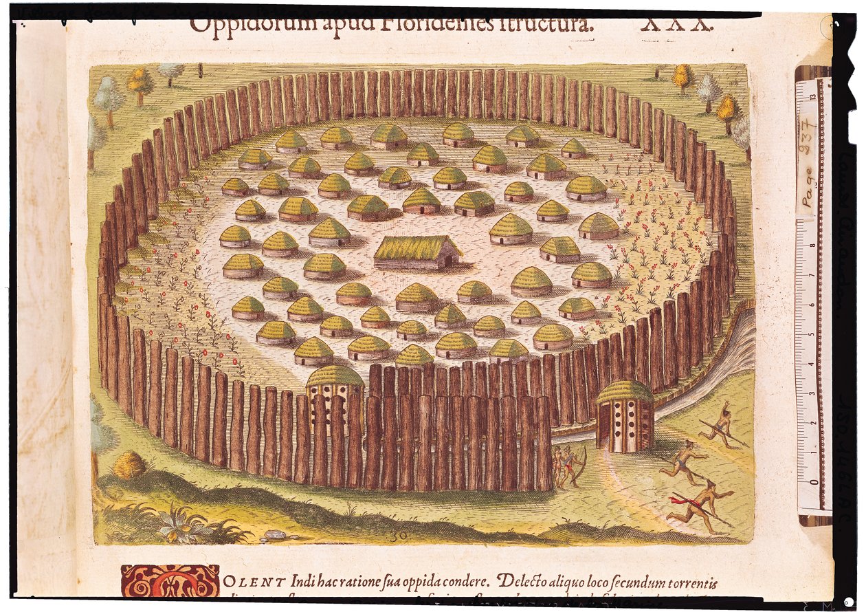 Fortified Indian Village, de &39;Brevis Narratio ...&39;, publicado por Theodore de Bry, 1591 (detalhe de 180137) de after Le Moyne, J.Bry