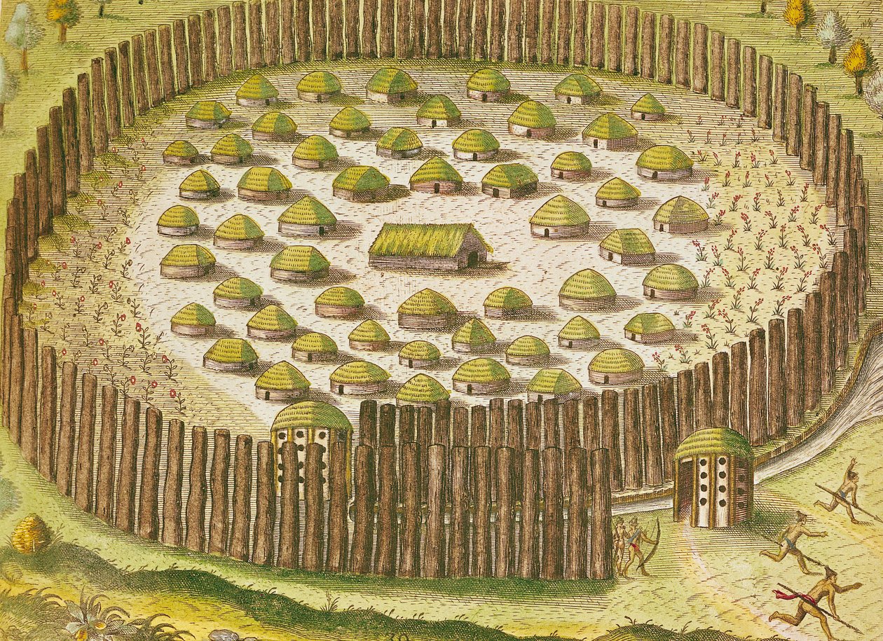 Fortified Indian Village, de &39;Brevis Narratio ...&39;, publicado por Theodore de Bry, 1591 (ver 159355 para detalhes) de after Le Moyne, J.Bry