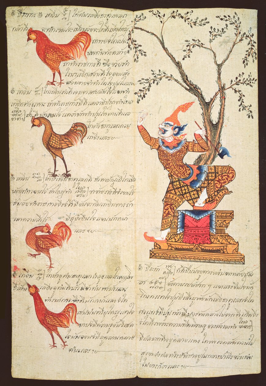CBL Thi 1302 Duas páginas que ilustram o Ano do Galo, a partir de um manual de adivinhação, c.1840 (caneta e tinta e guache sobre papel khoi) de Thai School