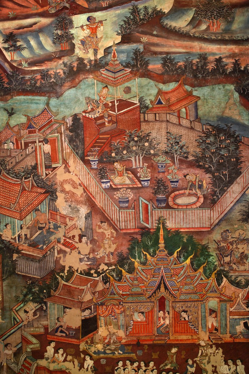 Detalhe dos murais de Viharn laikam retratando os contos de Sang Thong de Thai School