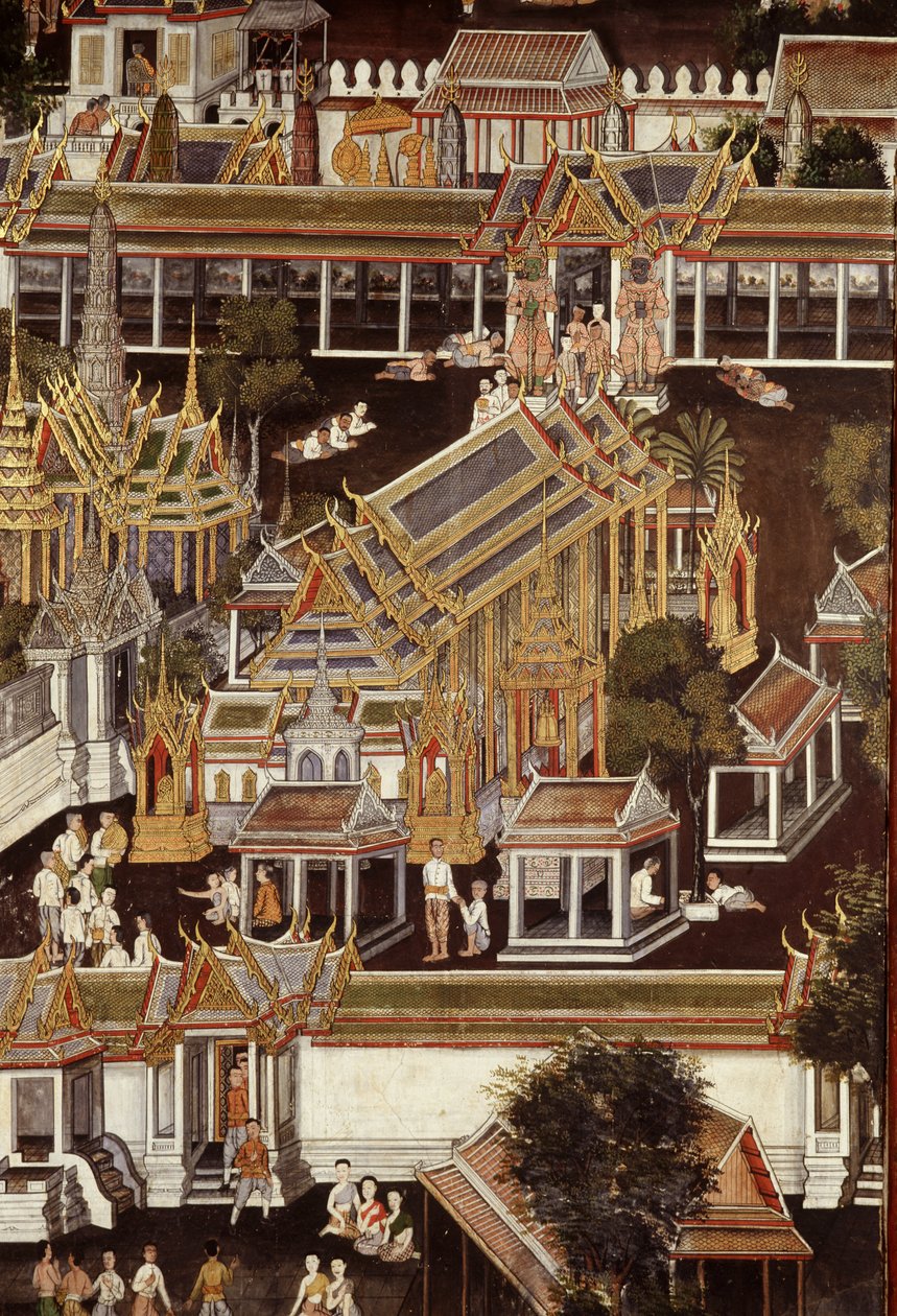 Detalhe, de, um, mural, descrevendo, a, templo, de, a, esmeralda, buddha, (wall, painting) de Thai School