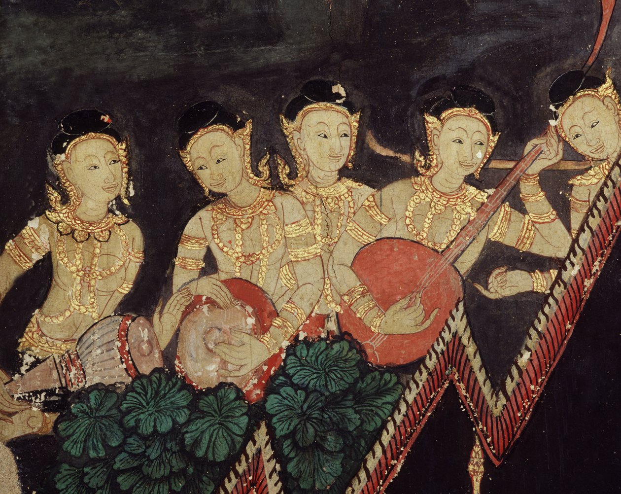 Detalhe de músicos celestiais (pintura de parede) de Thai School