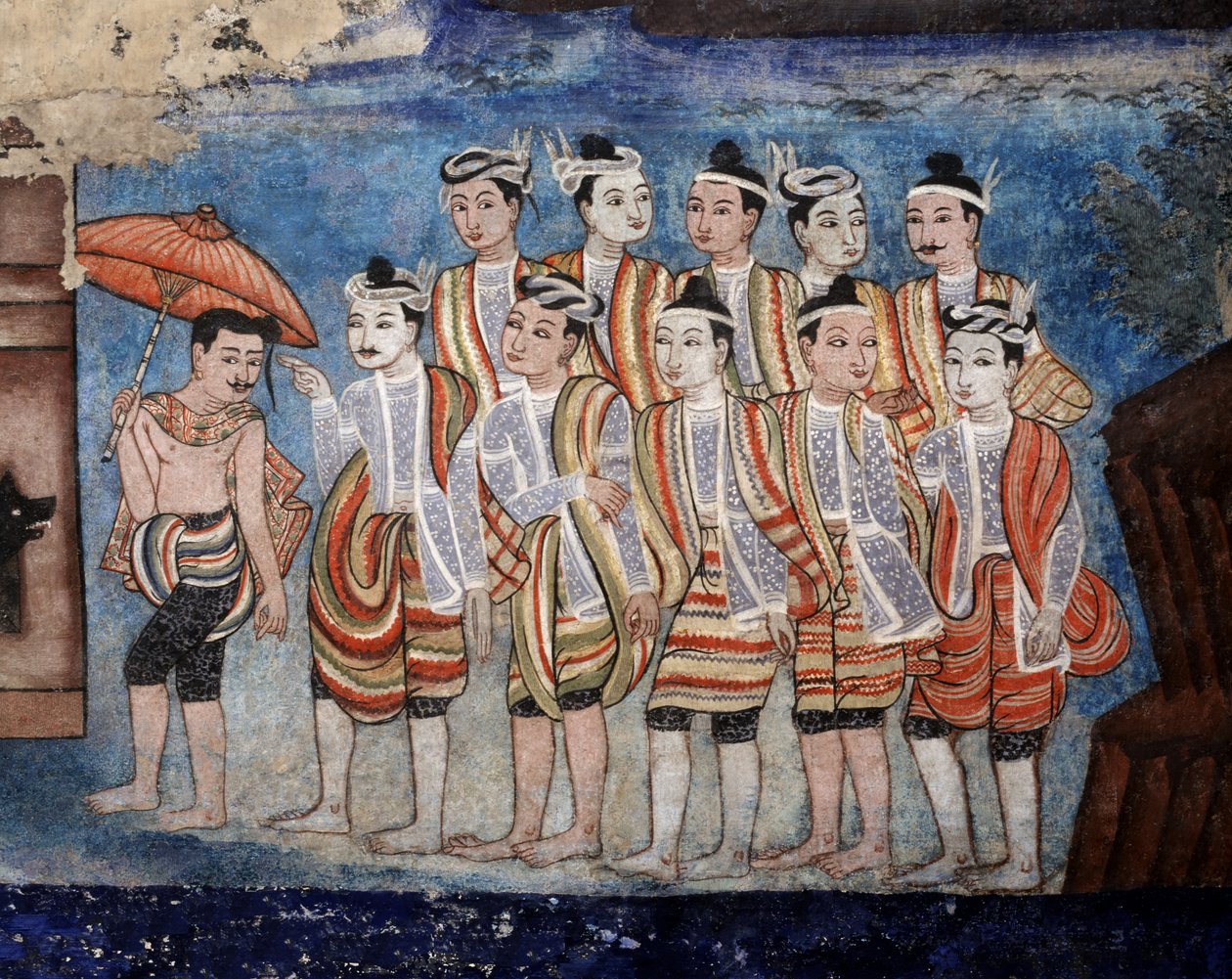 Um grupo de tailandeses yai (Shan) homens, detalhe dos murais de Viharn laikam retratando os contos de Sang Thong (mural) de Thai School