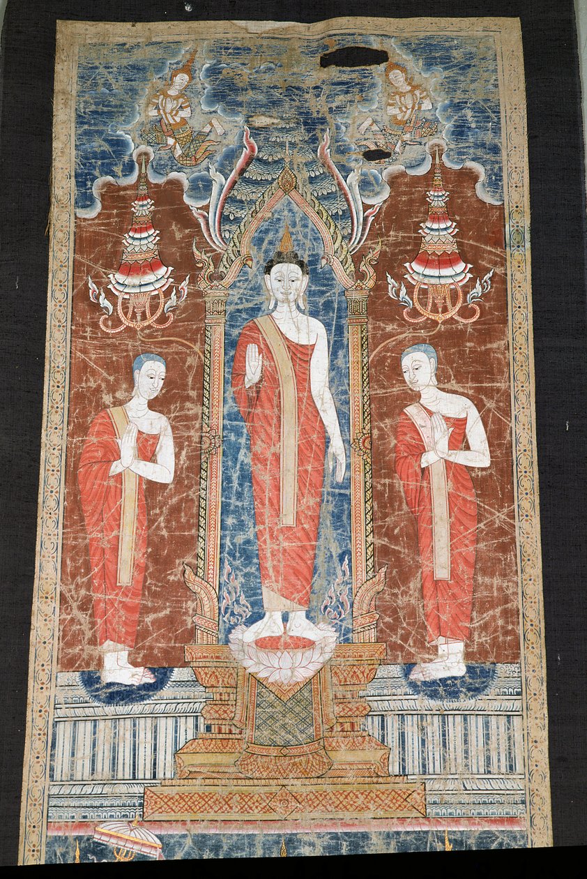 Banner representando pé Buda com dois discípulos, estilo Ratanakosin (seda pintada) de Thai School
