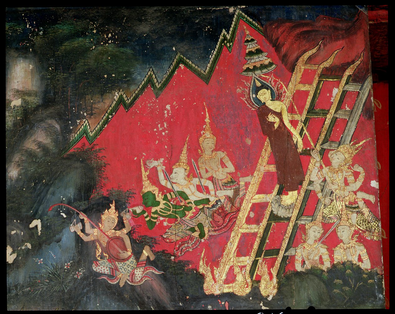 Buda descendo do céu (pintura de parede) de Thai School