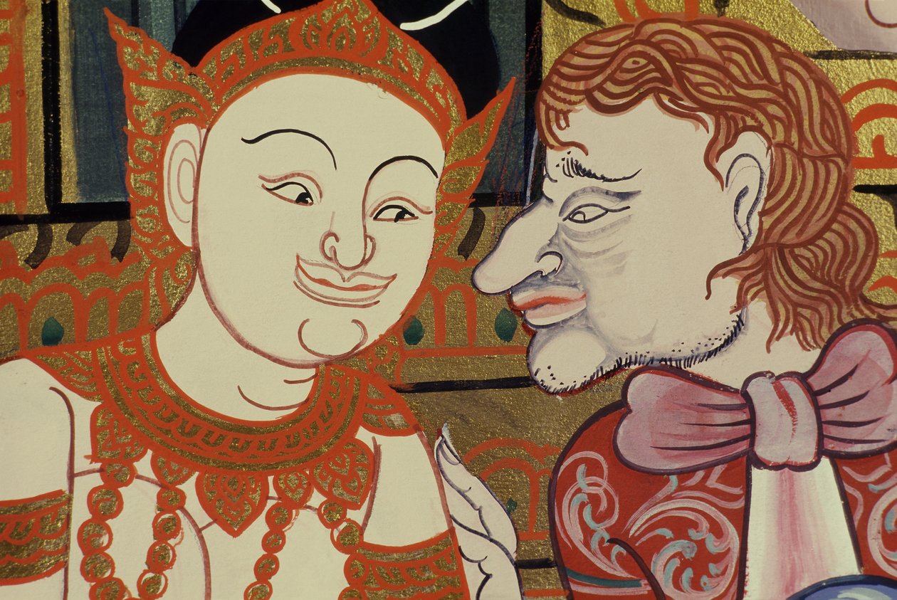 Pintura contemporânea no estilo clássico mostrando pessoas tailandesas e ocidentais (wc e ouro sobre papel) de Thai School