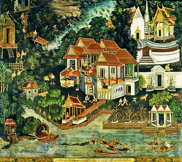Caça ao crocodilo, Wirharn Sasada, Wat Bowonniwet Vihara, Banguecoque (fresco) de Thai School