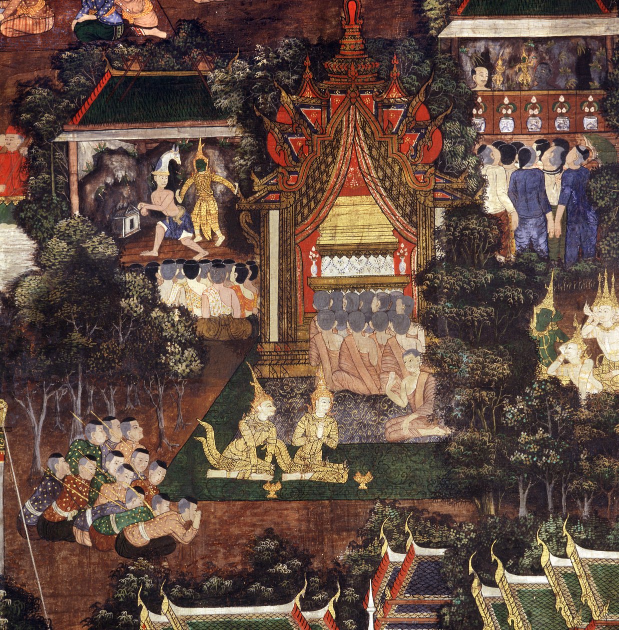 Multidão assistindo teatral e performances de marionetes por ocasião do funeral do Buda, detalhe da morte de Buda (pano pintado) de Thai School
