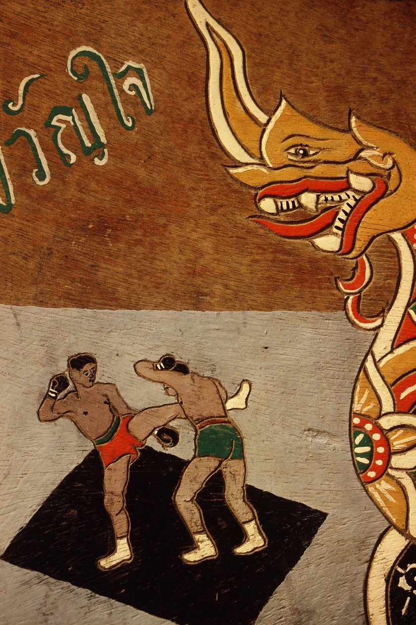 Decoração em um carrinho de boi retratando Muay Thai (pintura em madeira) de Thai School
