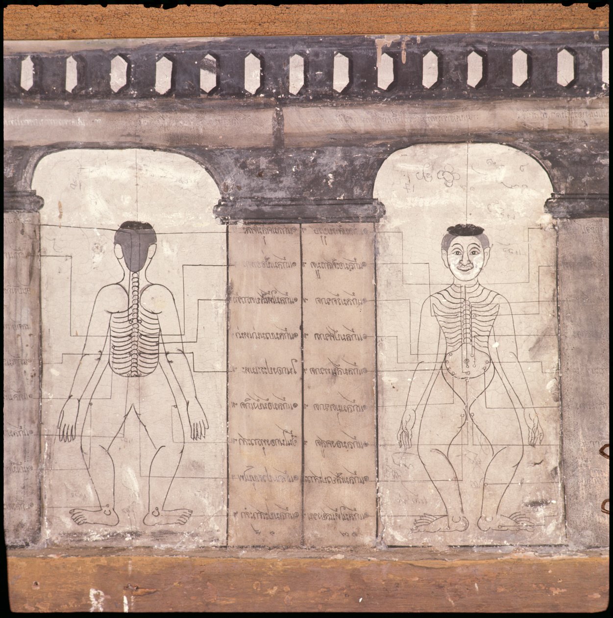 Representação de pontos de massagem no corpo humano (pintura de parede) de Thai School