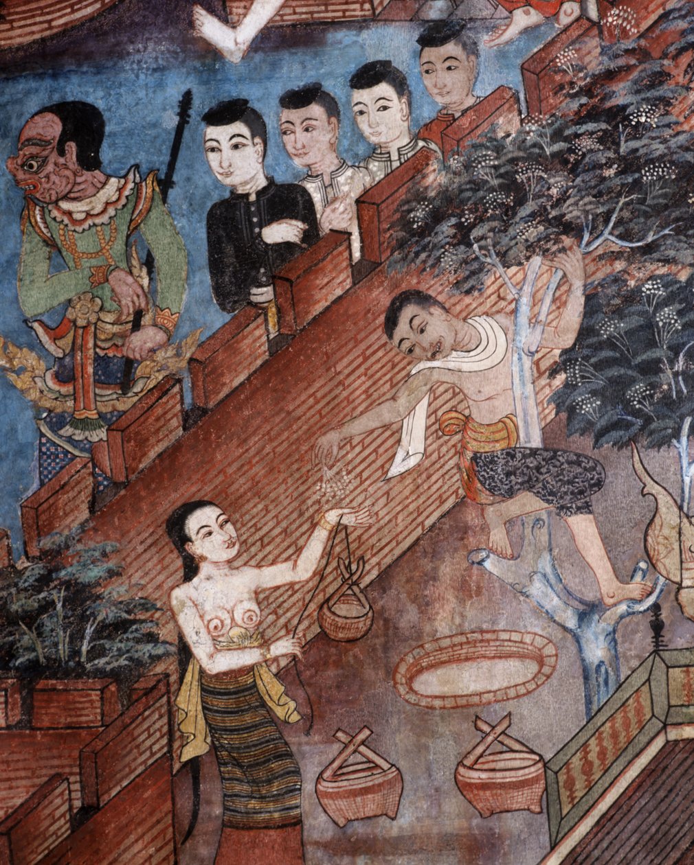 Detalhe de um mural no laikam Viharn em Wat Phra Singh de Thai School
