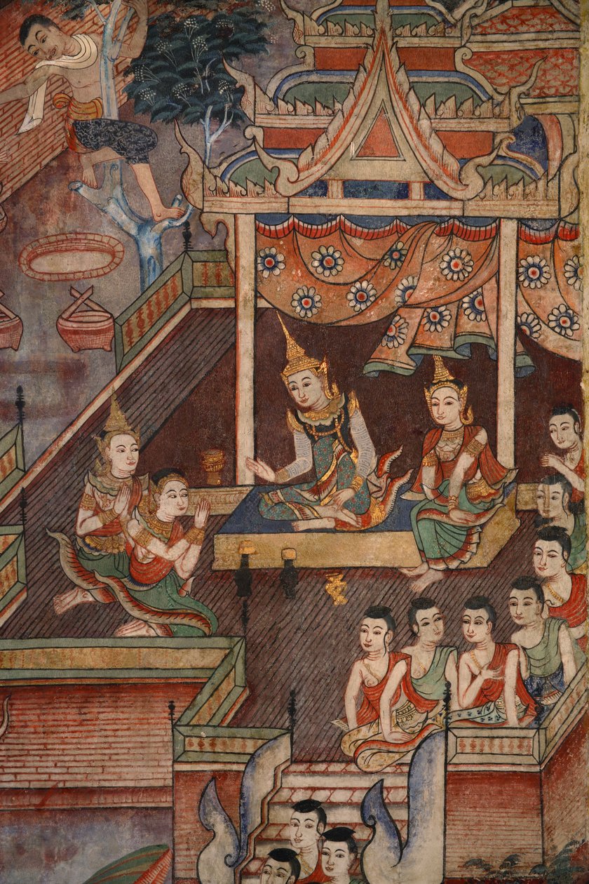 Detalhe de um mural no laikam Viharn em Wat Phra Singh de Thai School