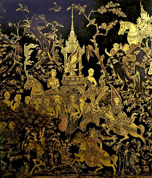 Detalhe de uma tela, mostrando um episódio da lenda Inao (gold & laquer) de Thai School
