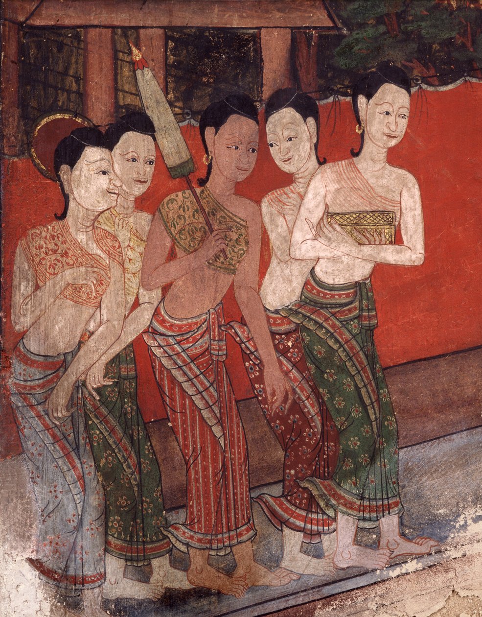 Detalhe, mostrando, um, grupo mulheres, tarde, 19o século, (wall, painting) de Thai School