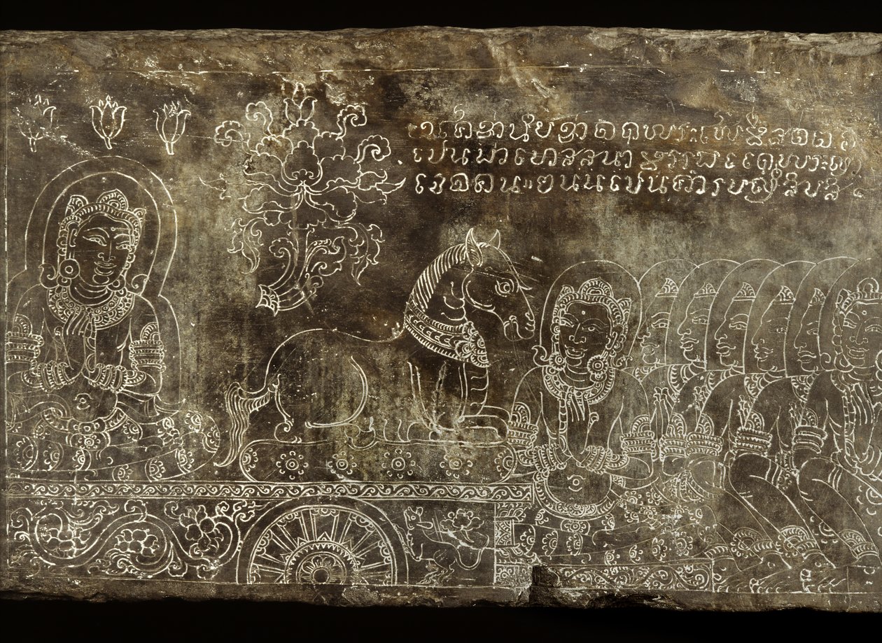 Painel de pedra gravado representando o Bjajajania Jataka Tale, de Wat Si Chum, Sukhothai, do século 14 ao 15 de Thai School