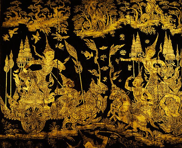 Episódio do Ramakien, detalhe de uma tela (ouro e verniz) de Thai School