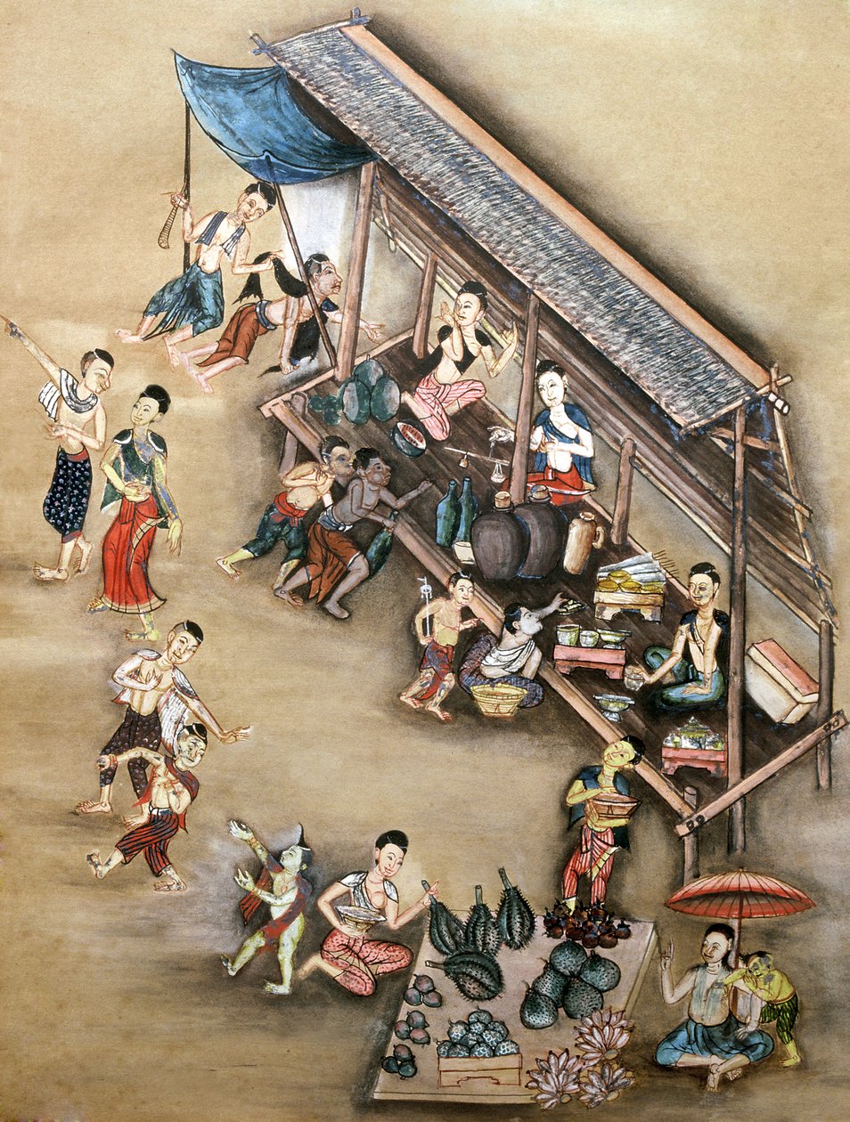 Pintura popular retratando uma cena de mercado (wc no papel) de Thai School