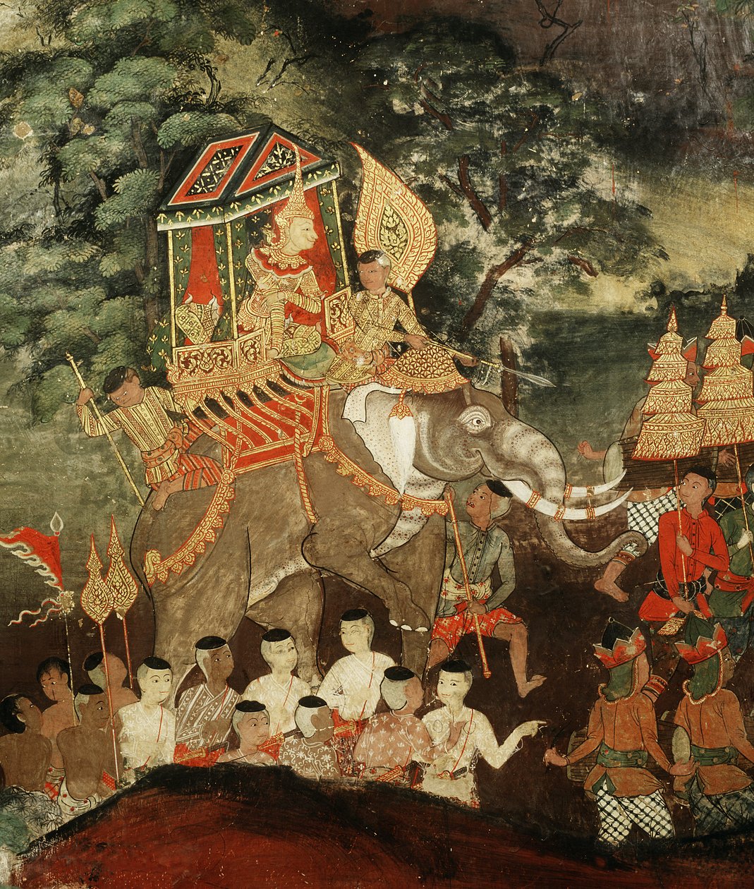 Rei Vessantara em um elefante branco encontra os brâmanes, cena de Vessantara Jataka, início do século 19 (pano pintado) de Thai School