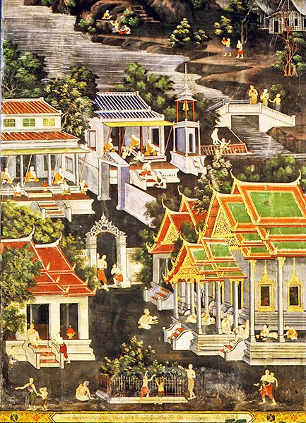 Vida dos Monges, Wirharn Sasada, Wat Bowonniwet Vihara, Banguecoque (fresco) de Thai School
