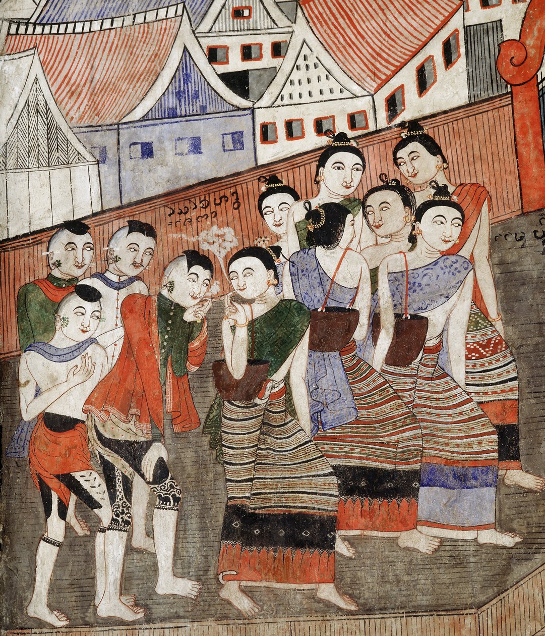 Amantes de fumar, detalhe de um mural em Wat Phumin (mural) de Thai School