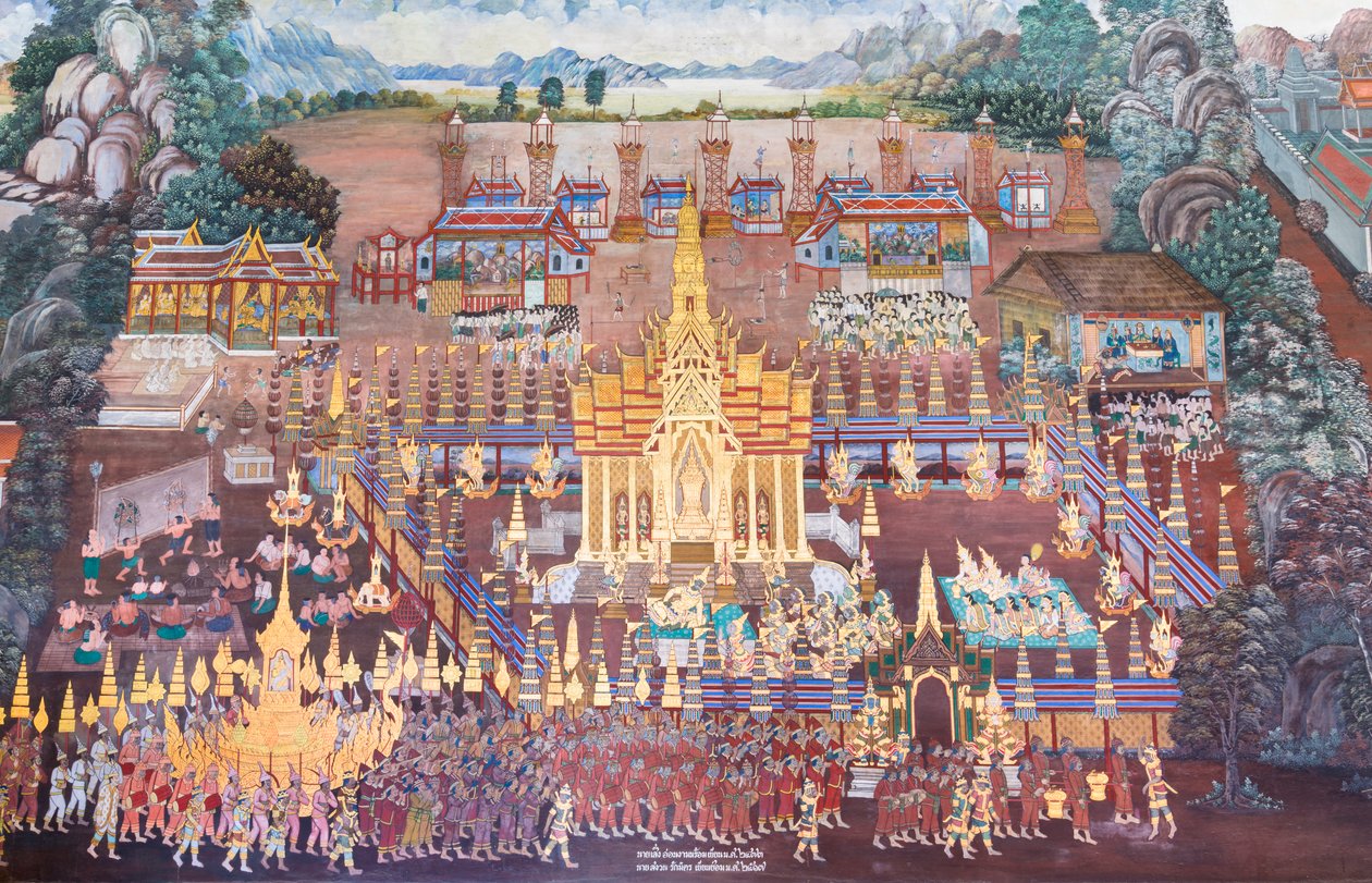 Cenas murais representando o Ramayana em Wat Phra Kaeo, o Grande Palácio Real, Banguecoque, Tailândia de Thai School