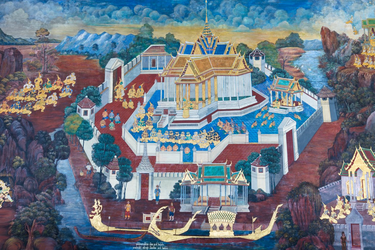 Cenas murais representando o Ramayana em Wat Phra Kaeo, o Grande Palácio Real, Banguecoque, Tailândia de Thai School