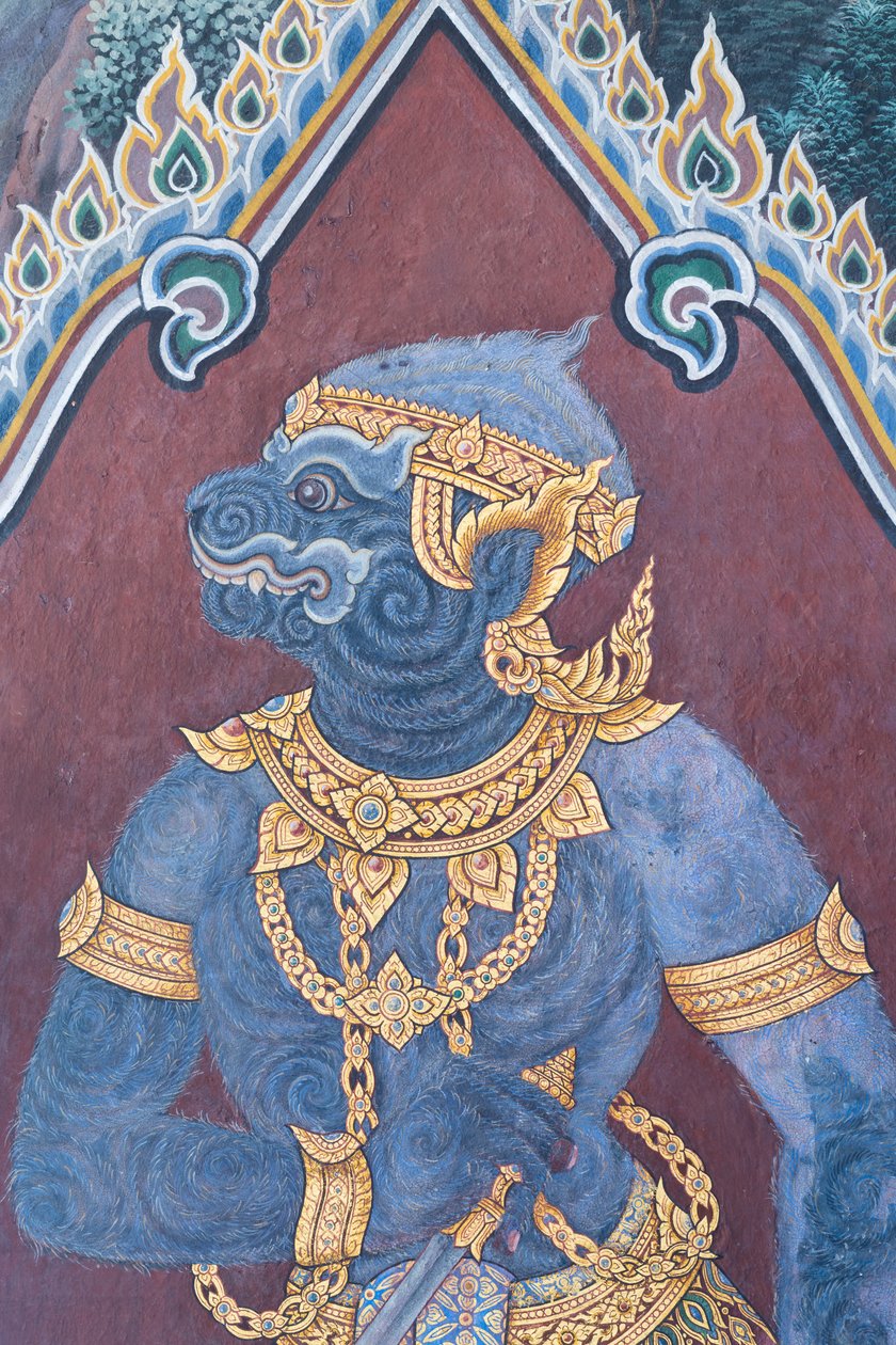 Cenas murais representando o Ramayana em Wat Phra Kaeo, o Grande Palácio Real, Banguecoque, Tailândia de Thai School