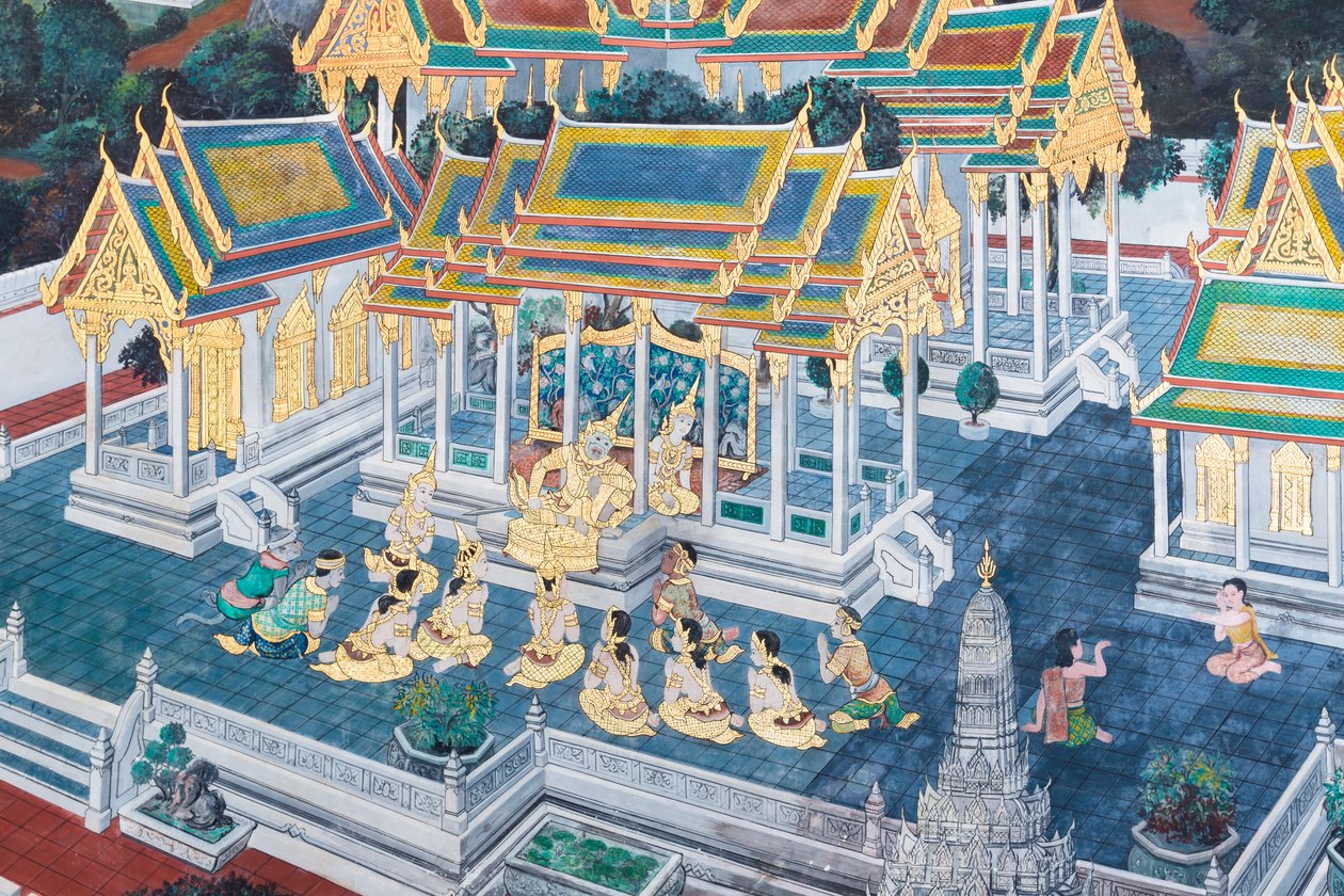 Cenas murais representando o Ramayana em Wat Phra Kaeo, o Grande Palácio Real, Banguecoque, Tailândia de Thai School