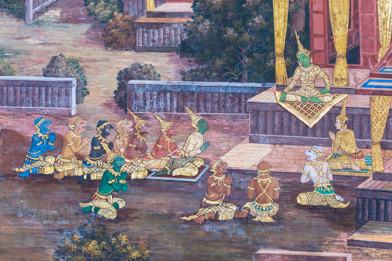 Cenas murais representando o Ramayana em Wat Phra Kaeo, o Grande Palácio Real, Banguecoque, Tailândia de Thai School