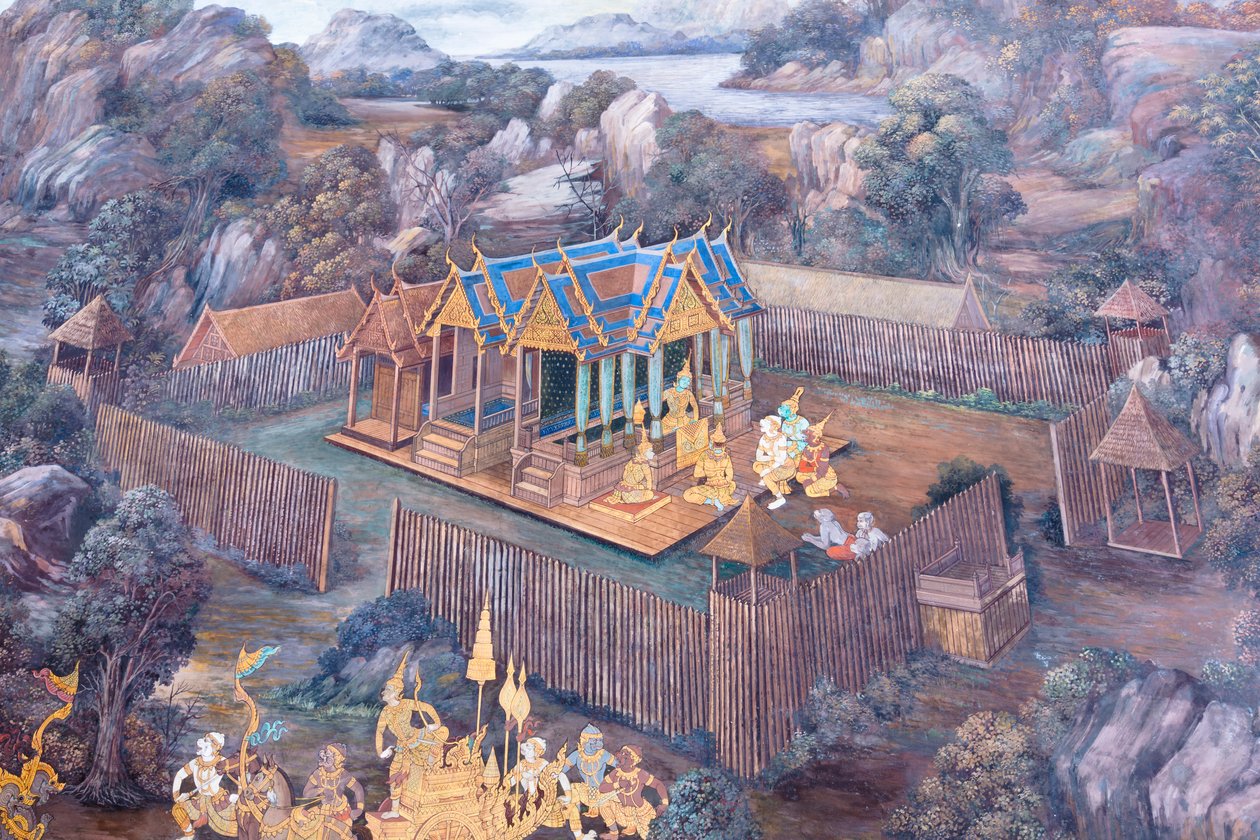 Cenas murais representando o Ramayana em Wat Phra Kaeo, o Grande Palácio Real, Banguecoque, Tailândia de Thai School