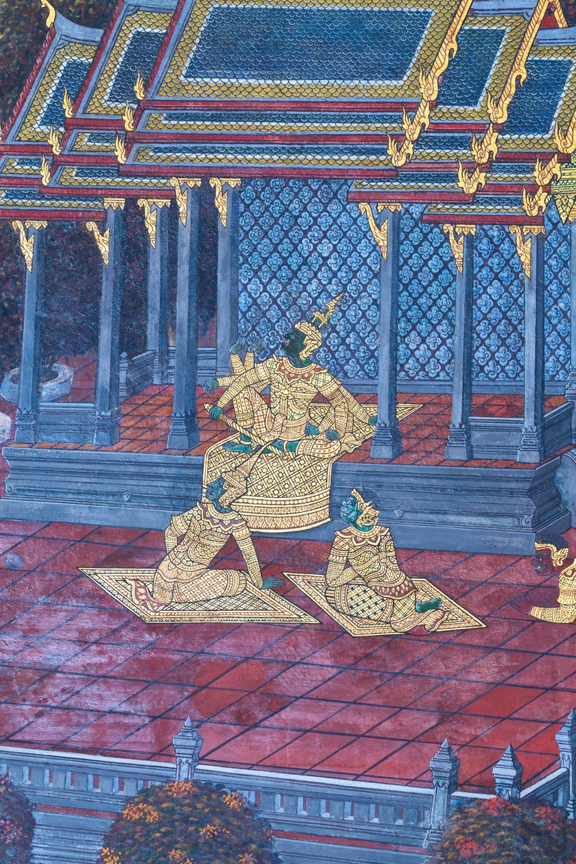 Cenas murais representando o Ramayana em Wat Phra Kaeo, o Grande Palácio Real, Banguecoque, Tailândia de Thai School