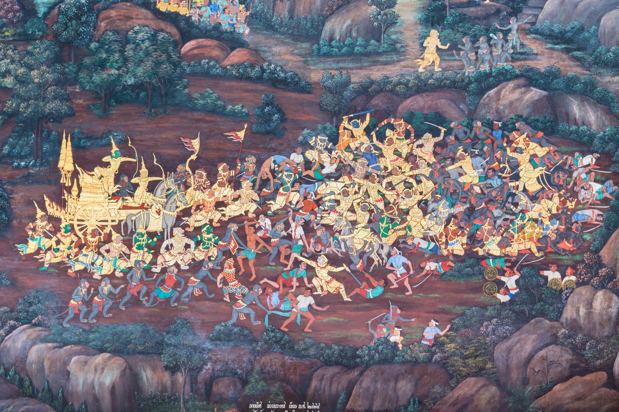 Cenas murais representando o Ramayana em Wat Phra Kaeo, o Grande Palácio Real, Banguecoque, Tailândia de Thai School