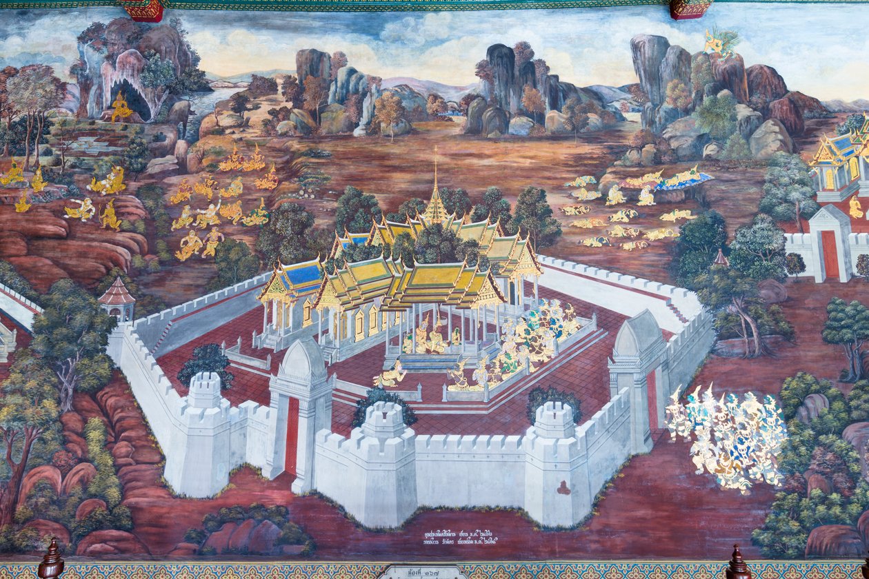 Cenas murais representando o Ramayana em Wat Phra Kaeo, o Grande Palácio Real, Banguecoque, Tailândia de Thai School