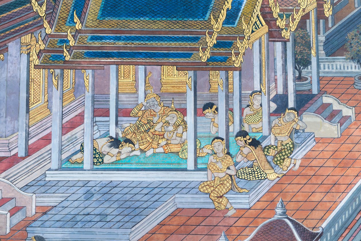 Cenas murais representando o Ramayana em Wat Phra Kaeo, o Grande Palácio Real, Banguecoque, Tailândia de Thai School
