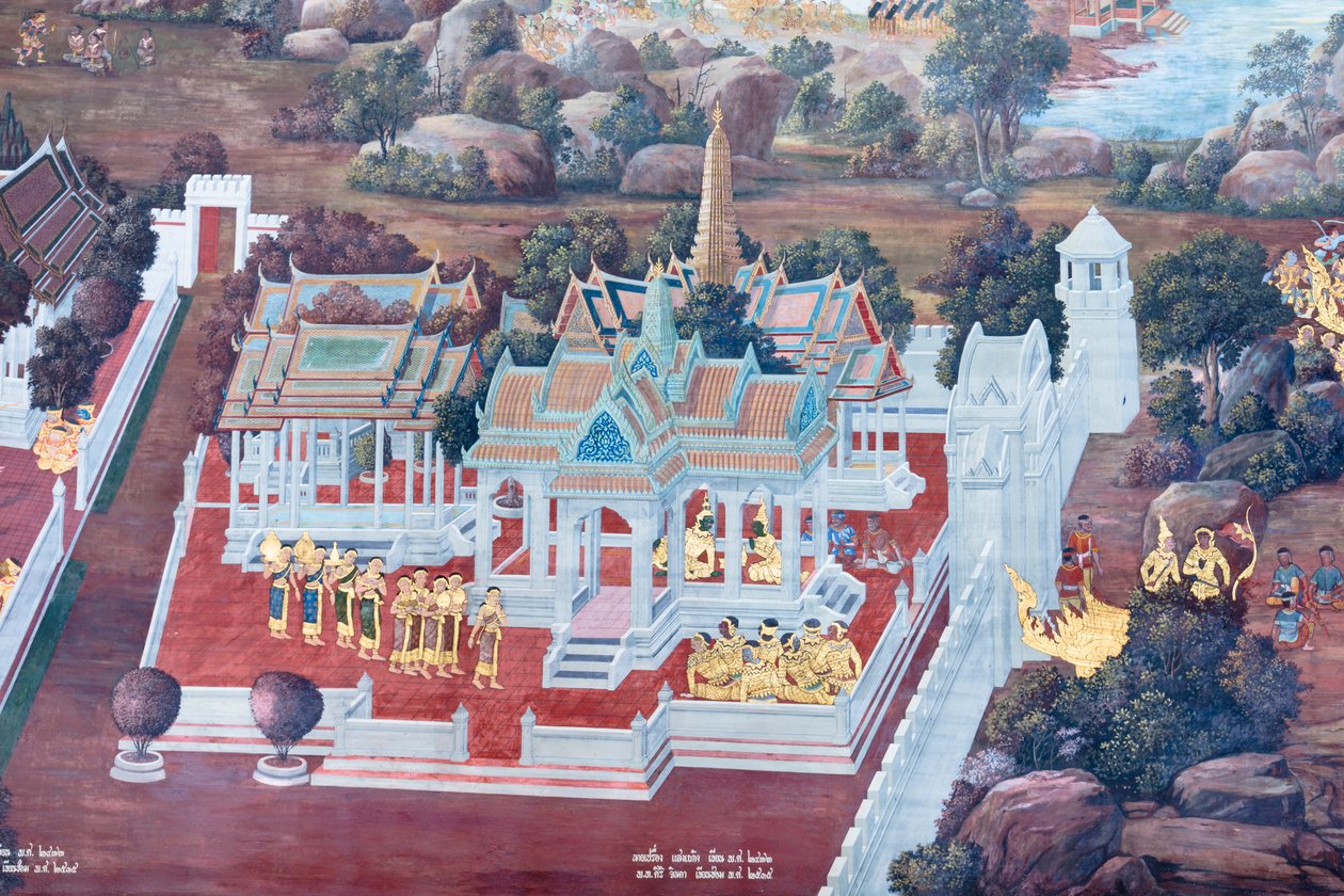 Cenas murais representando o Ramayana em Wat Phra Kaeo, o Grande Palácio Real, Banguecoque, Tailândia de Thai School
