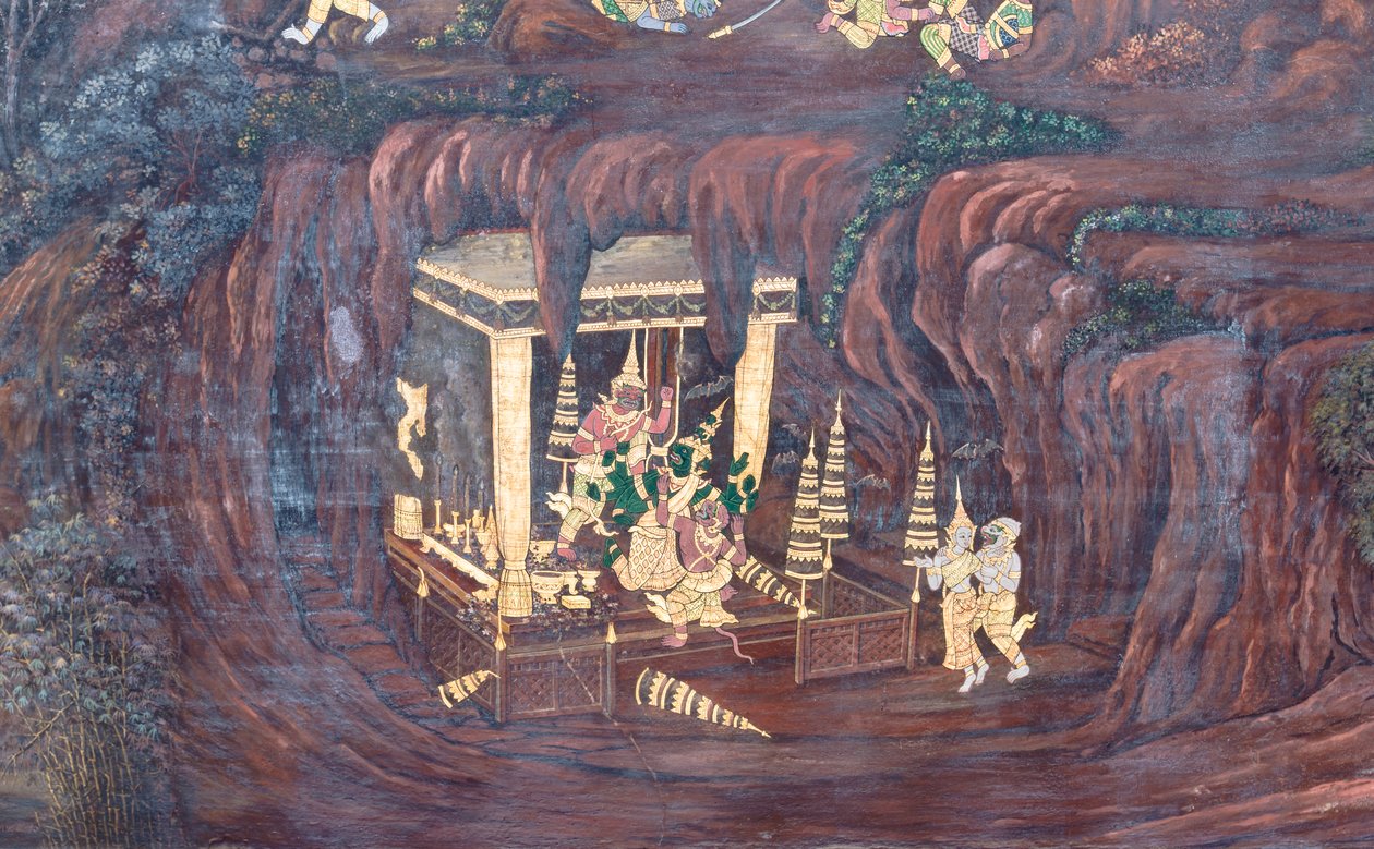 Cenas murais representando o Ramayana em Wat Phra Kaeo, o Grande Palácio Real, Banguecoque, Tailândia de Thai School