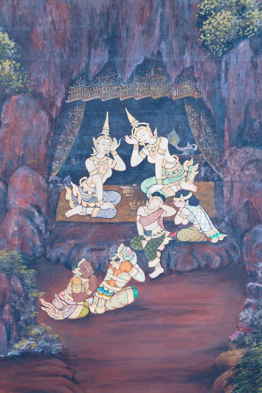 Cenas murais representando o Ramayana em Wat Phra Kaeo, o Grande Palácio Real, Banguecoque, Tailândia de Thai School