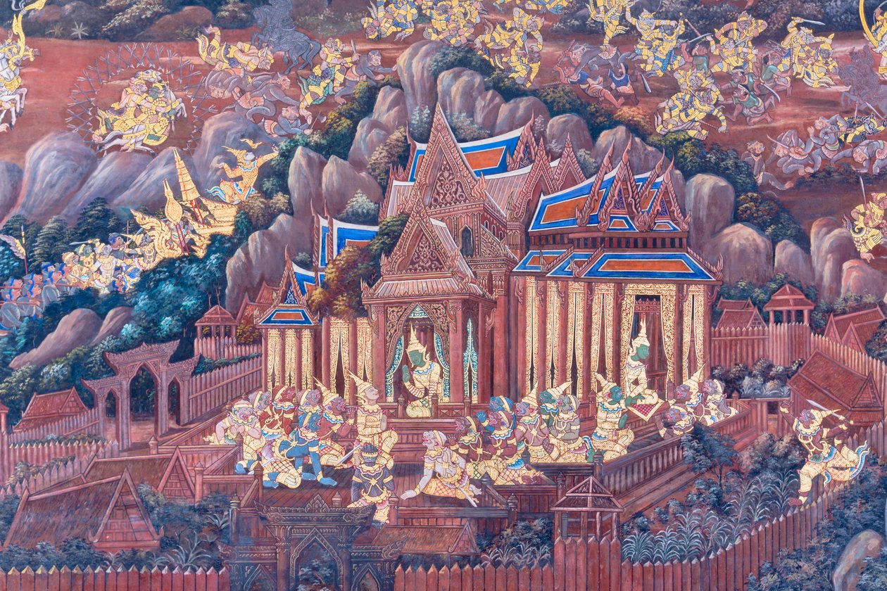 Cenas murais representando o Ramayana em Wat Phra Kaeo, o Grande Palácio Real, Banguecoque, Tailândia de Thai School